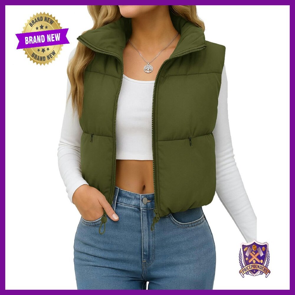 Women's Crop Puffer Vest Lightweight Warm Zip Up Jacket With Pockets